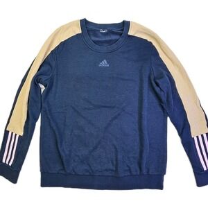 Adidas Mens Navy Blue Colorblock Crewneck Sweatshirt Tan Pink Stripes Logo
